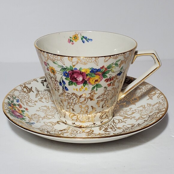 Lord Nelson Ware Teacup Saucer Chintz Floral Gold Vintage - Picture 2 of 8